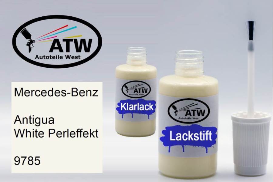 Mercedes-Benz, Antigua White Perleffekt, 9785: 20ml Lackstift + 20ml Klarlack - Set, von ATW Autoteile West.